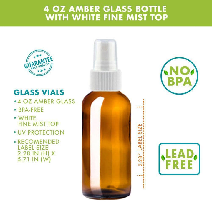 4 oz Amber Glass Bottle w/ White Fine Mist Top Glass Spray Bottles Your Oil Tools 