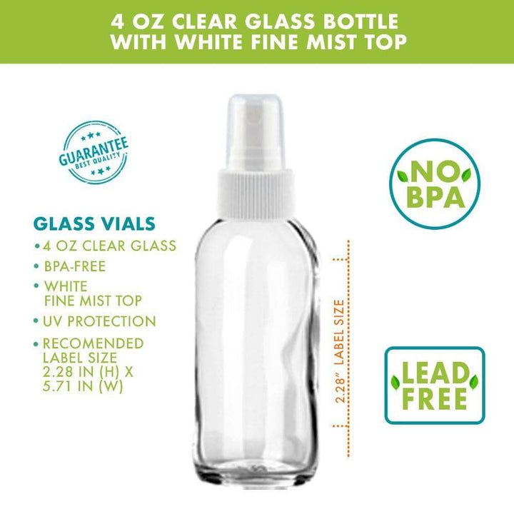 4 oz Clear Glass Bottle w/ White Fine Mist Top Glass Spray Bottles Your Oil Tools 