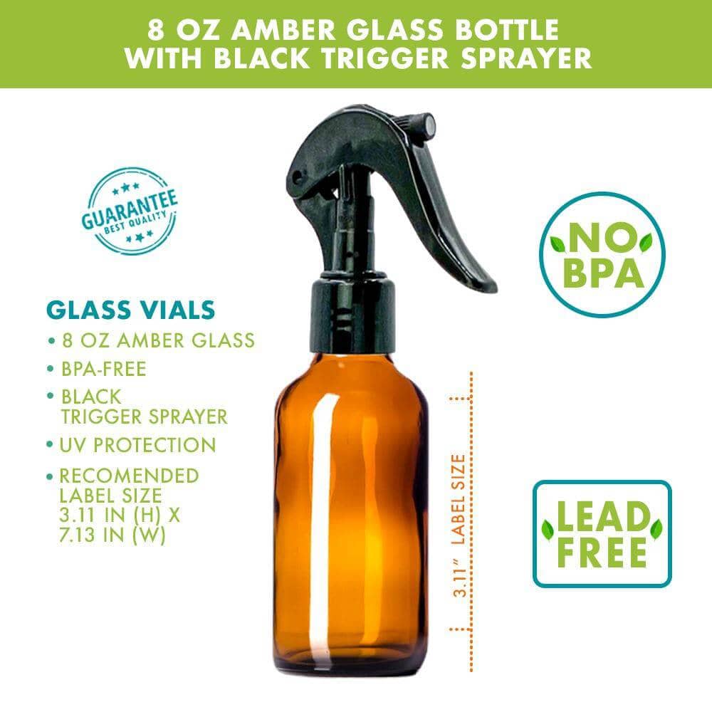 8 oz Amber Boston Round Glass Bottle with Black Cap