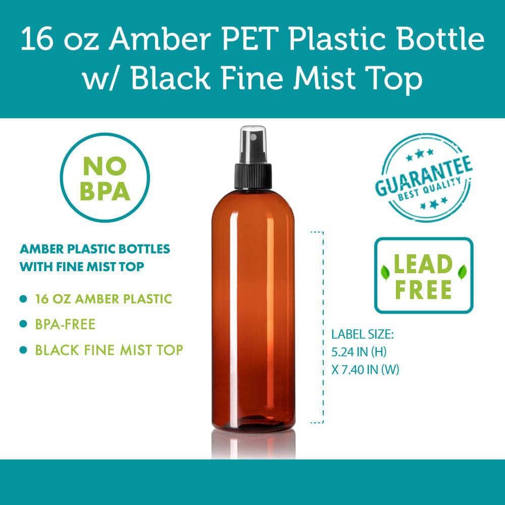 16 oz Amber PET Plastic Cosmo Bottle w/ Black Fine Mist Top Plastic Spray Bottles Your Oil Tools 