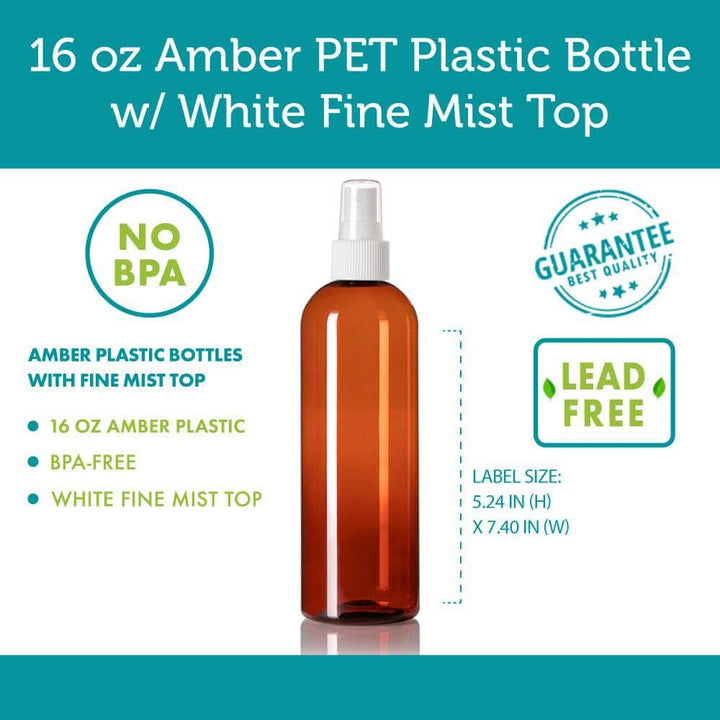 16 oz Amber PET Plastic Cosmo Bottle w/ White Fine Mist Top Plastic Spray Bottles Your Oil Tools 