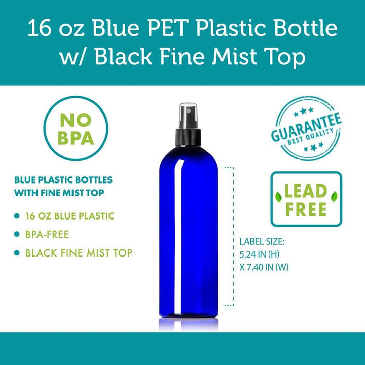 16 oz Blue PET Plastic Cosmo Bottle w/ Black Fine Mist Top Plastic Spray Bottles Your Oil Tools 