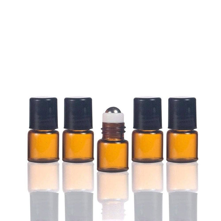 1 ml Amber Glass Vial w/ Stainless Steel Roller & black caps (Pack of 5) Sample Bottles Your Oil Tools 