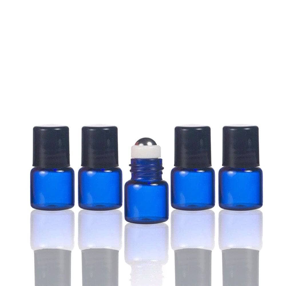 1 ml Blue Glass Vial w/ Stainless Steel Roller & Black Caps (Pack of 5) Sample Bottles Your Oil Tools 
