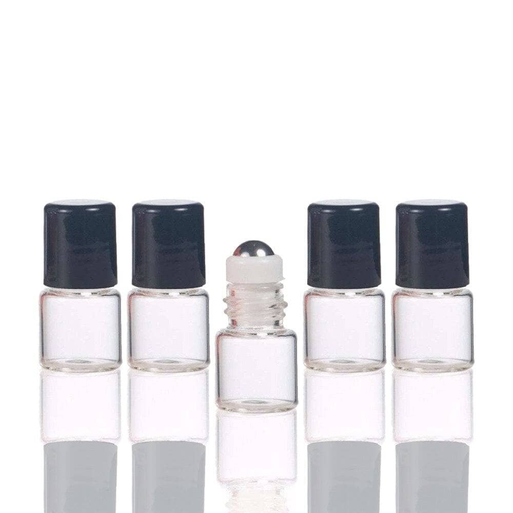 1 ml Clear Glass Vial w/ Stainless Steel Roller & black caps (Pack of 5) Sample Bottles Your Oil Tools 