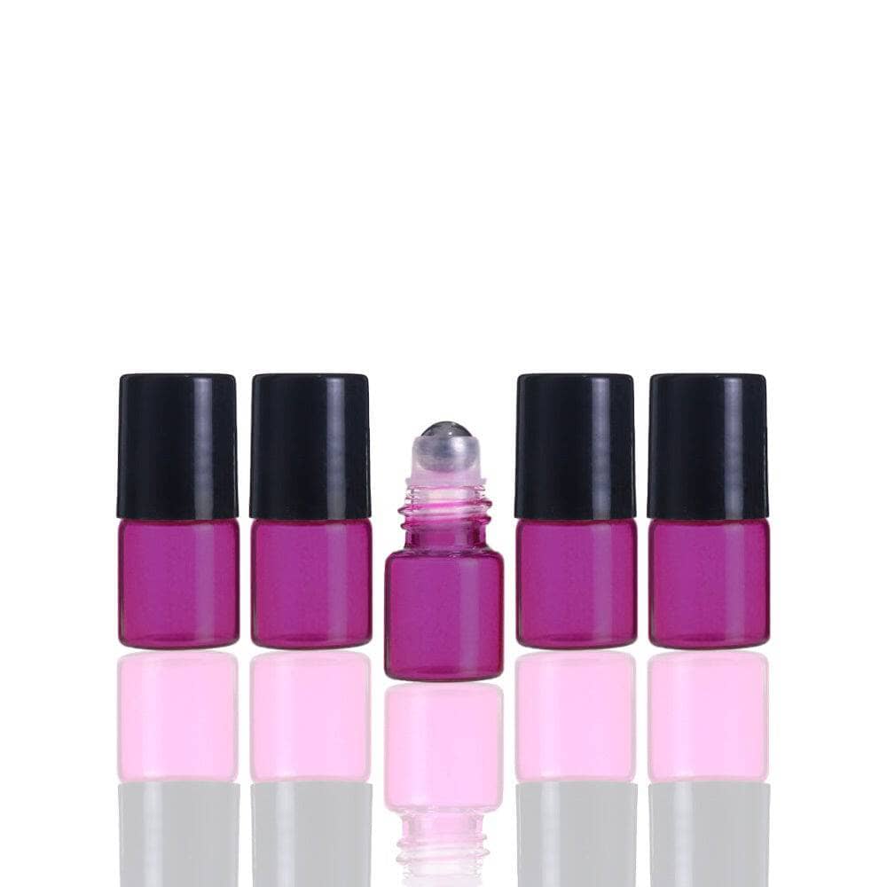 1 ml Pink Glass Vial w/ Stainless Steel Roller & black caps (Pack of 5) Sample Bottles Your Oil Tools 
