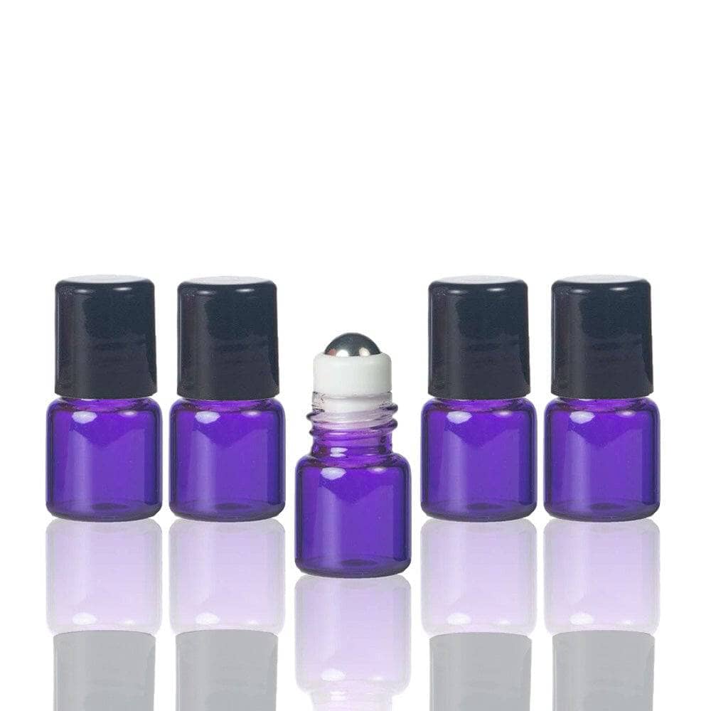 1 ml Purple Glass Vial w/ Stainless Steel Roller & black caps (Pack of 5) Sample Bottles Your Oil Tools 