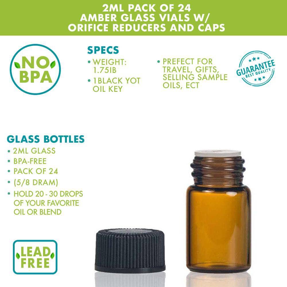 2 ml Amber Glass Vials w/ Orifice Reducer & Black Caps (Pack of 24) Sample Bottles Your Oil Tools 