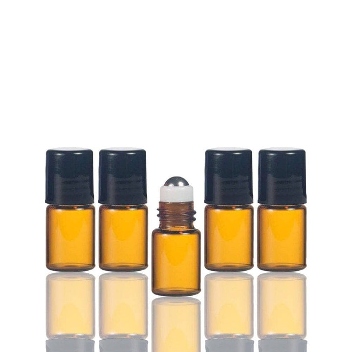 2 ml Amber Glass Vials w/ Stainless Steel Rollers & Black Caps (Pack of 5) Sample Bottles Your Oil Tools 