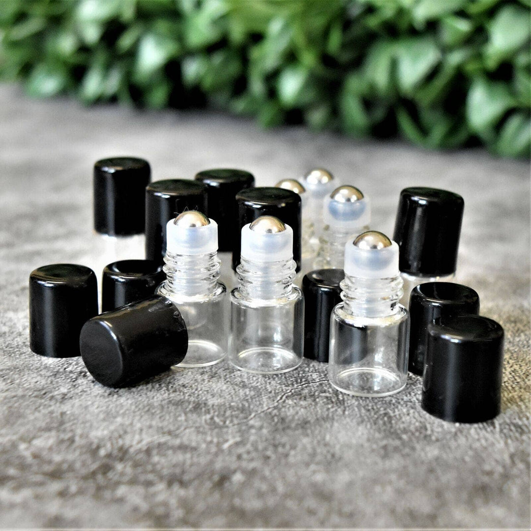 2 ml Clear Glass Vials w/ Stainless Steel Rollers & Black Caps (Pack of 5) Sample Bottles Your Oil Tools 