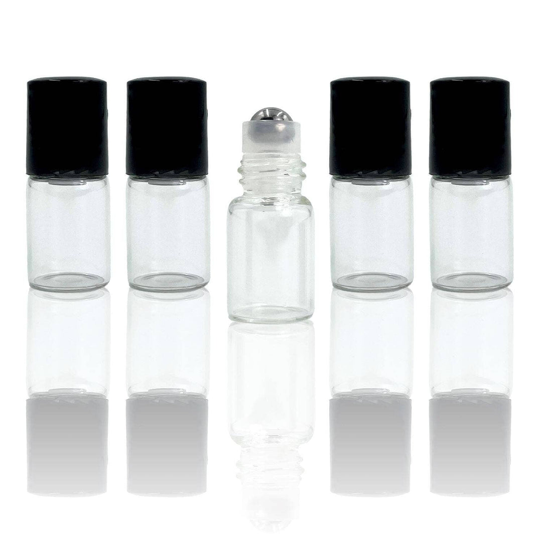 2 ml Clear Glass Vials w/ Stainless Steel Rollers & Black Caps (Pack of 5) Sample Bottles Your Oil Tools 