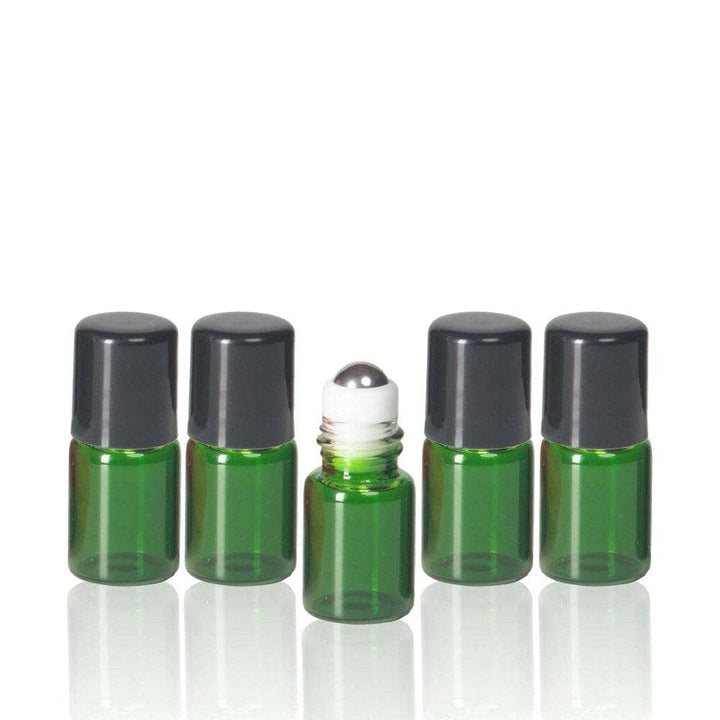 2 ml Green Glass Vials w/ Stainless Steel Rollers & Black Caps (Pack of 5) Sample Bottles Your Oil Tools 