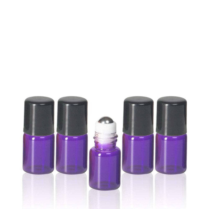 2 ml Purple Glass Vials w/ Stainless Steel Rollers & Black Caps (Pack of 5) Sample Bottles Your Oil Tools 