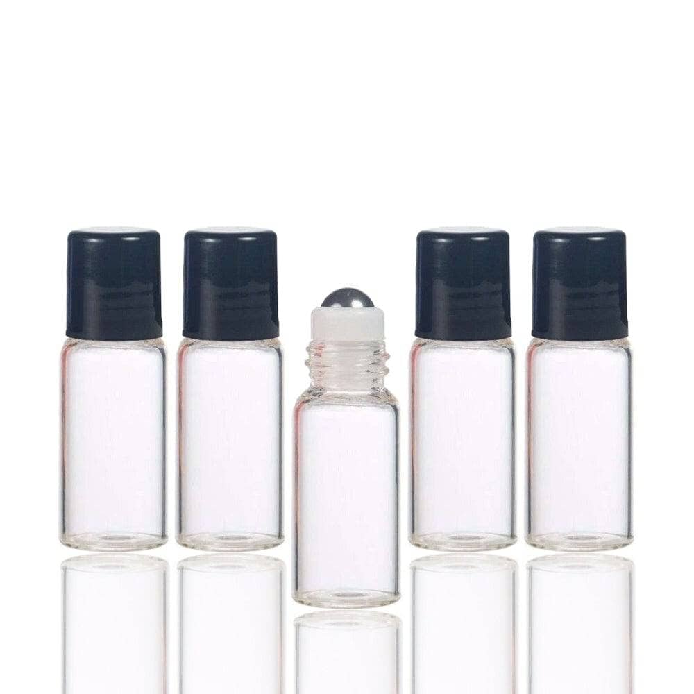3 ml Clear Glass Vials w/ Stainless Steel Rollers & Black Caps (Pack of 5) Sample Bottles Your Oil Tools 