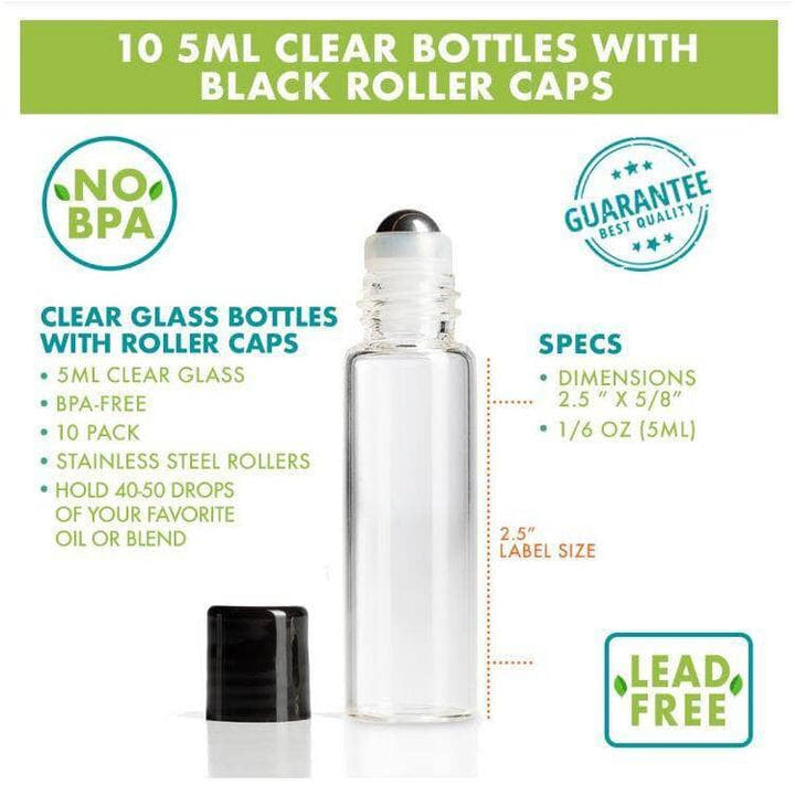 5 ml Clear Glass Vials w/ Stainless Steel Rollers & Black Caps (Pack of 5) Sample Bottles Your Oil Tools 