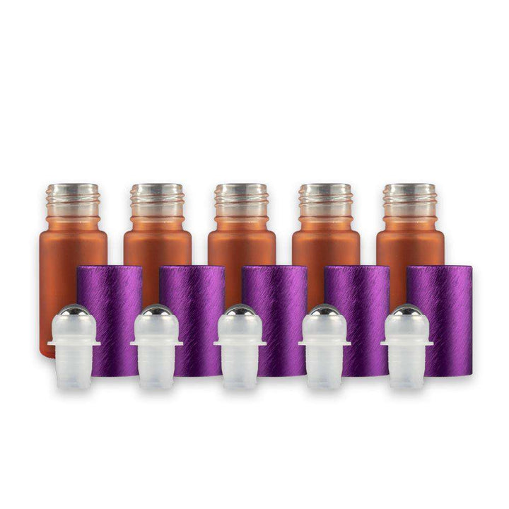 5 ml Frosted Glass Roller Bottle w/ Stainless Steel Roller (Pack of 5) Glass Roller Bottles Sunshine Orange Purple 