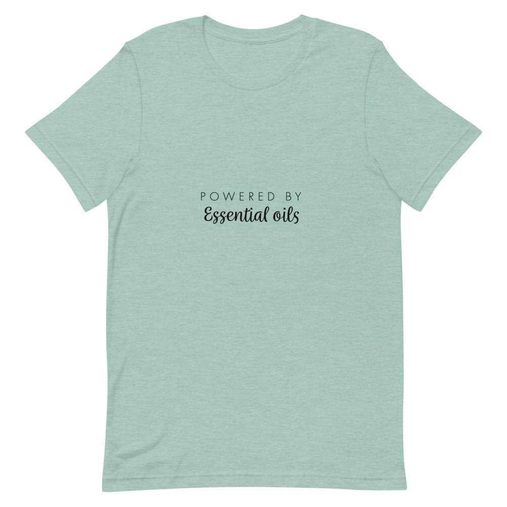 "Powered by Essential Oils" Short-Sleeve Unisex T-Shirt Apparel Your Oil Tools Heather Prism Dusty Blue XS 
