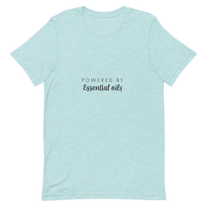 "Powered by Essential Oils" Short-Sleeve Unisex T-Shirt Apparel Your Oil Tools Heather Prism Ice Blue XS 