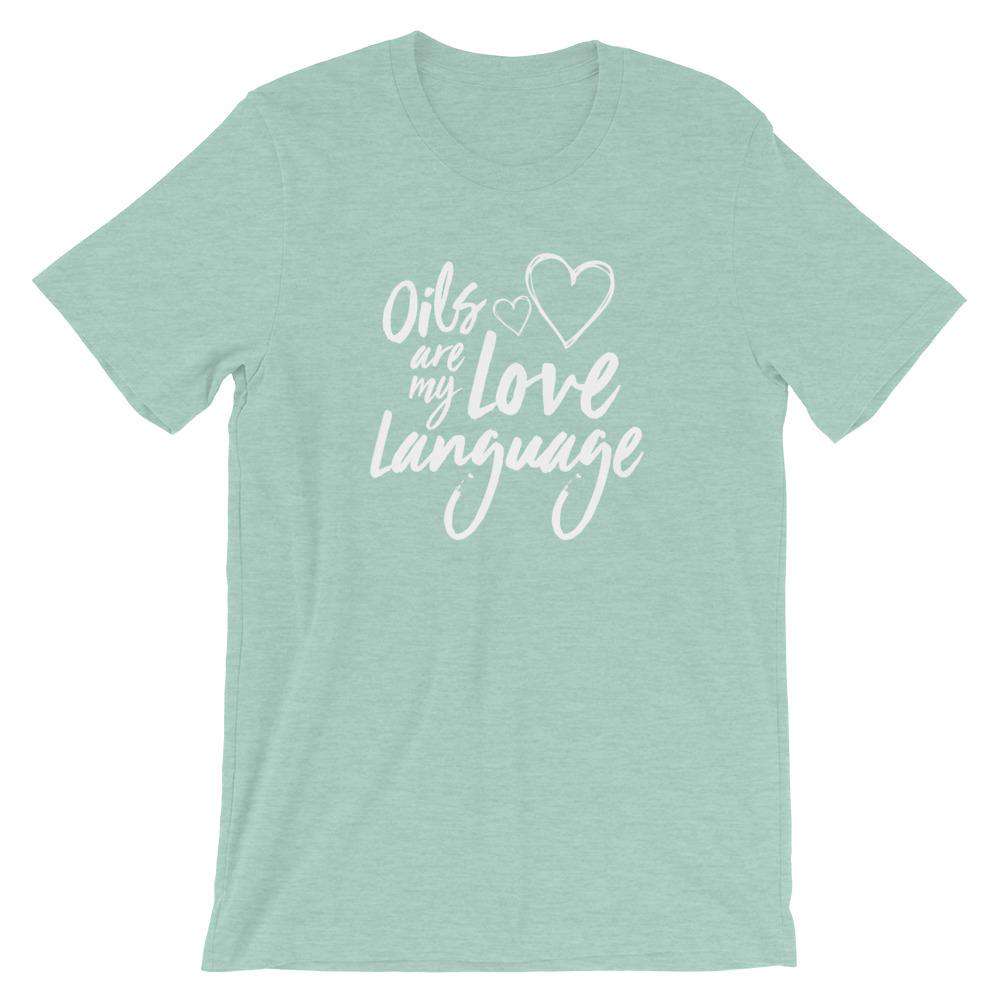 Love Language (Dark) Short-Sleeve Unisex T-Shirt Apparel Your Oil Tools Heather Prism Dusty Blue XS 