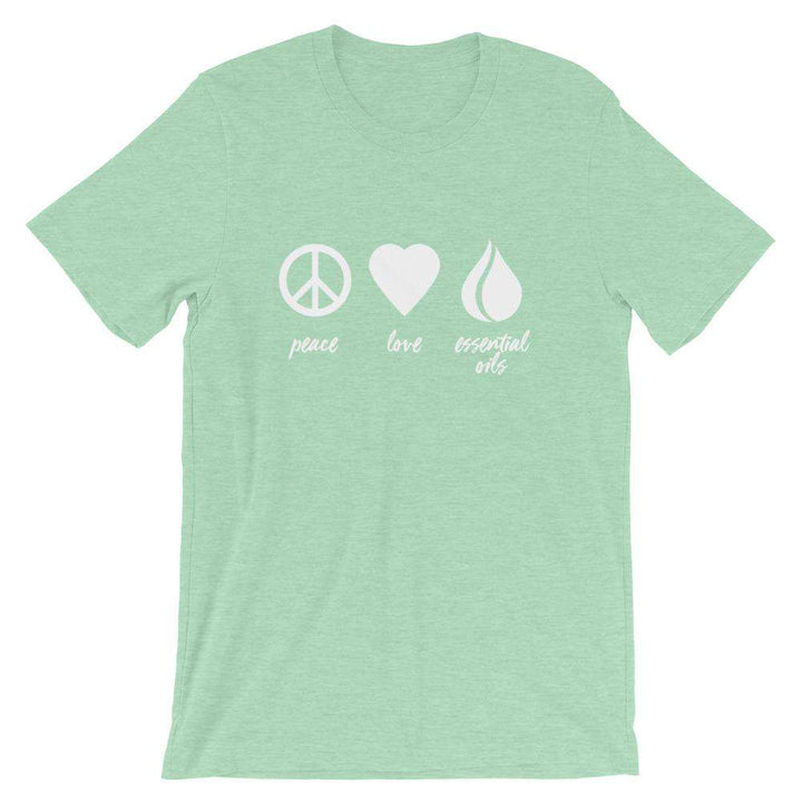 Peace, Love, Essential Oils (Light) Short-Sleeve Unisex T-Shirt Apparel Your Oil Tools Heather Prism Mint XS 