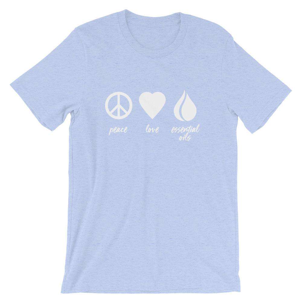 Peace, Love, Essential Oils (Light) Short-Sleeve Unisex T-Shirt Apparel Your Oil Tools Heather Blue S 