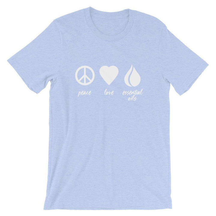 Peace, Love, Essential Oils (Light) Short-Sleeve Unisex T-Shirt Apparel Your Oil Tools Heather Blue S 