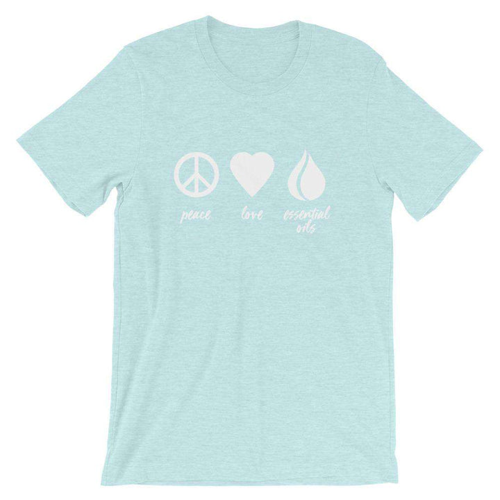 Peace, Love, Essential Oils (Light) Short-Sleeve Unisex T-Shirt Apparel Your Oil Tools Heather Prism Ice Blue XS 