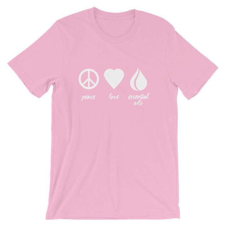 Peace, Love, Essential Oils (Light) Short-Sleeve Unisex T-Shirt Apparel Your Oil Tools Lilac S 