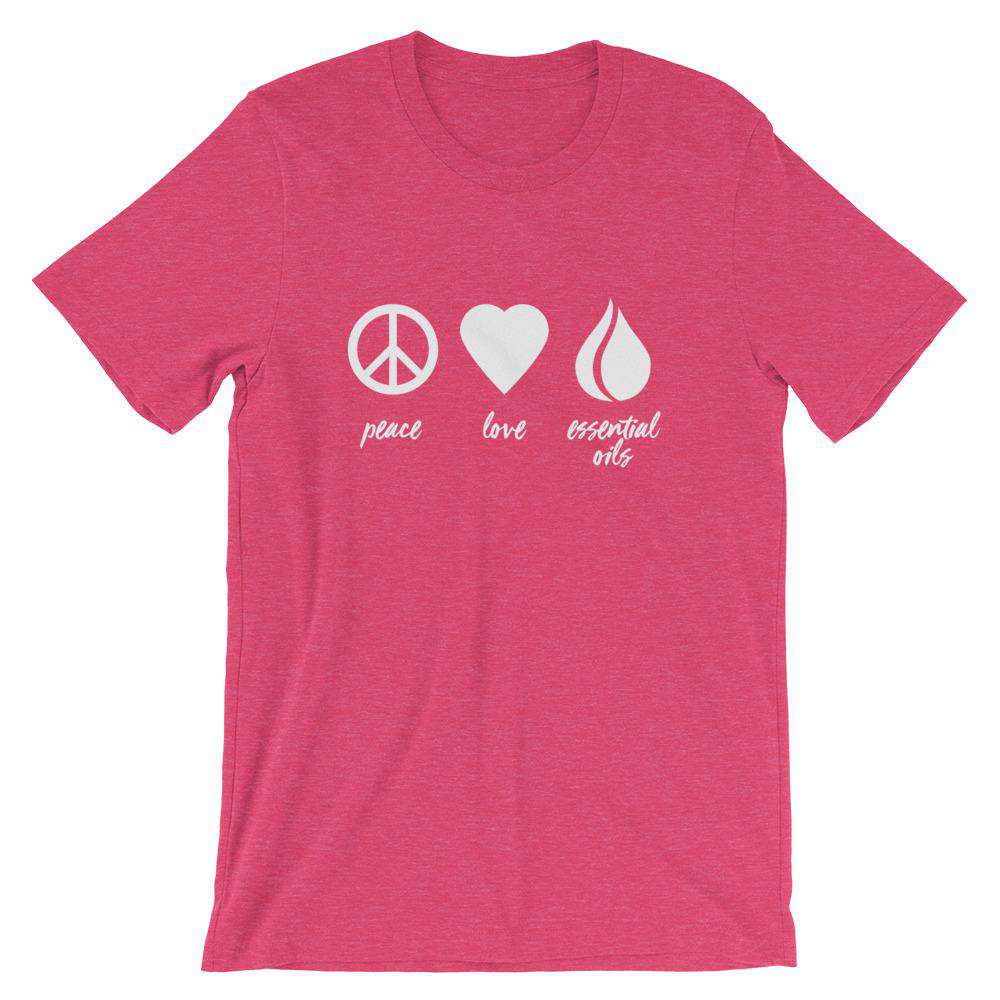 Peace, Love, Essential Oils (Light) Short-Sleeve Unisex T-Shirt Apparel Your Oil Tools Heather Raspberry S 
