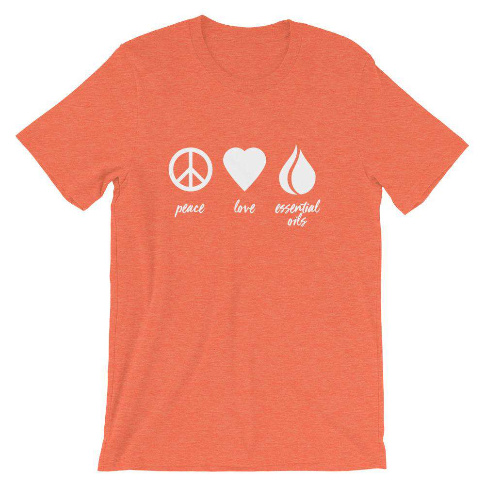 Peace, Love, Essential Oils (Light) Short-Sleeve Unisex T-Shirt Apparel Your Oil Tools Heather Orange S 