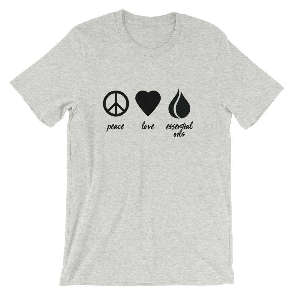 Peace, Love, Essential Oils (Dark) Short-Sleeve Unisex T-Shirt Apparel Your Oil Tools Athletic Heather S 