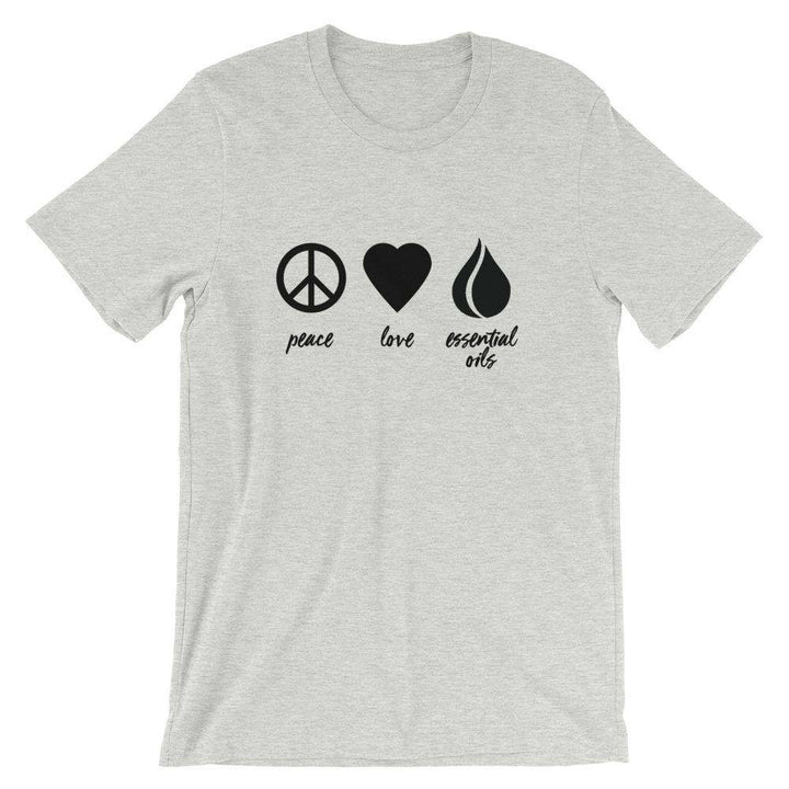 Peace, Love, Essential Oils (Dark) Short-Sleeve Unisex T-Shirt Apparel Your Oil Tools Athletic Heather S 