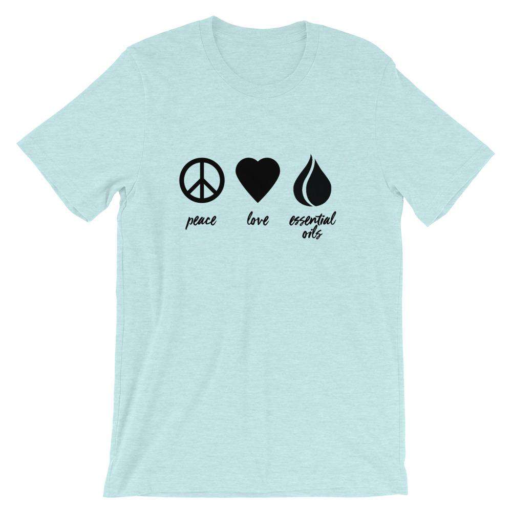 Peace, Love, Essential Oils (Dark) Short-Sleeve Unisex T-Shirt Apparel Your Oil Tools Heather Prism Ice Blue XS 