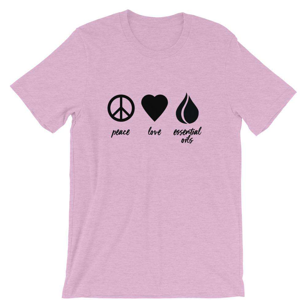 Peace, Love, Essential Oils (Dark) Short-Sleeve Unisex T-Shirt Apparel Your Oil Tools Heather Prism Lilac XS 