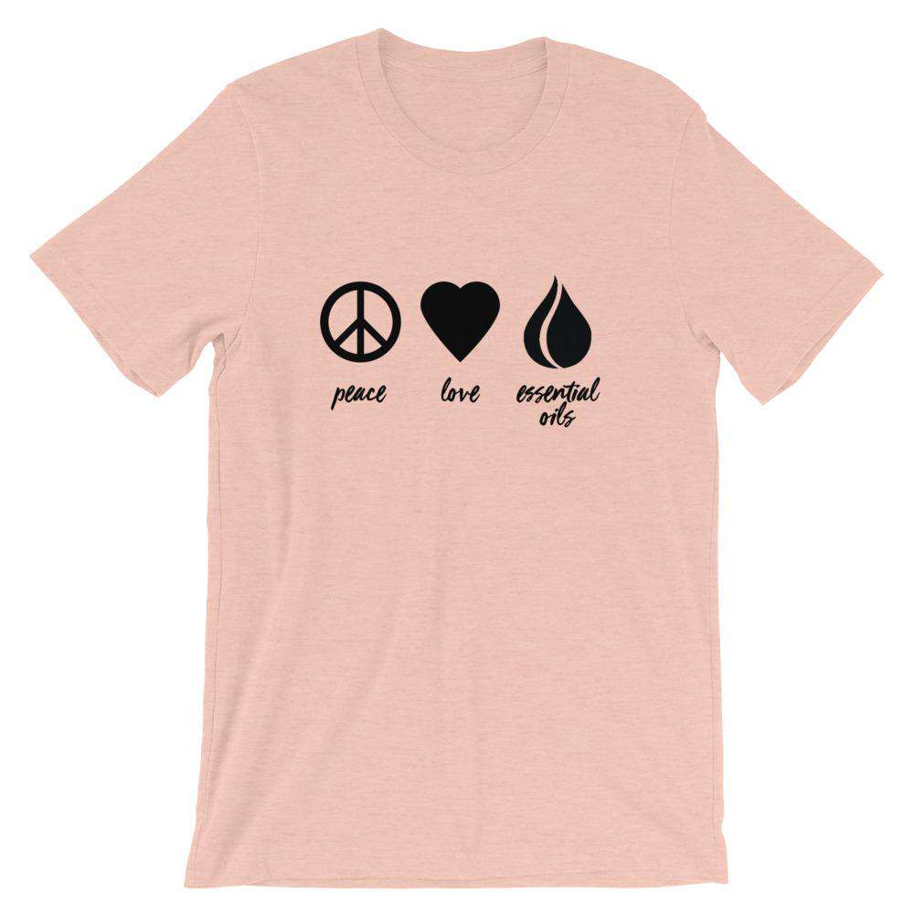Peace, Love, Essential Oils (Dark) Short-Sleeve Unisex T-Shirt Apparel Your Oil Tools Heather Prism Peach XS 
