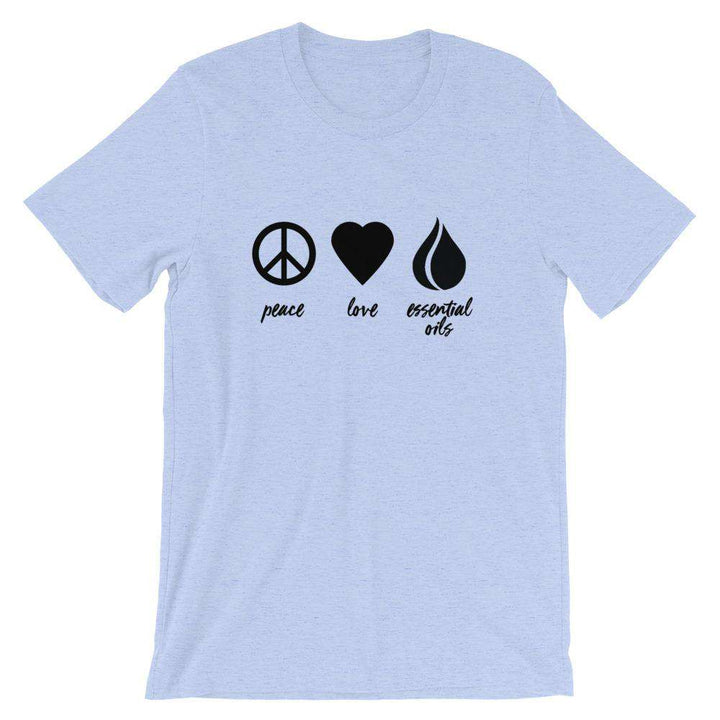 Peace, Love, Essential Oils (Dark) Short-Sleeve Unisex T-Shirt Apparel Your Oil Tools Heather Blue S 