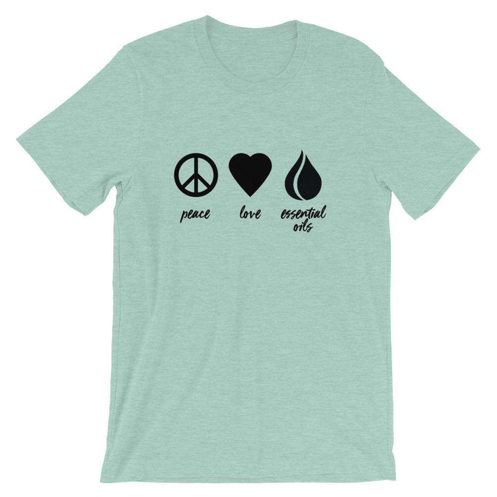 Peace, Love, Essential Oils (Dark) Short-Sleeve Unisex T-Shirt Apparel Your Oil Tools Heather Prism Dusty Blue XS 