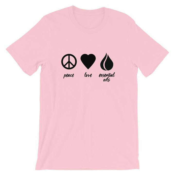 Peace, Love, Essential Oils (Dark) Short-Sleeve Unisex T-Shirt Apparel Your Oil Tools Pink S 