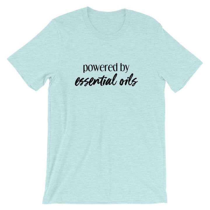 Powered by Essential Oils (Light) Short-Sleeve Unisex T-Shirt Apparel Your Oil Tools Heather Prism Ice Blue XS 
