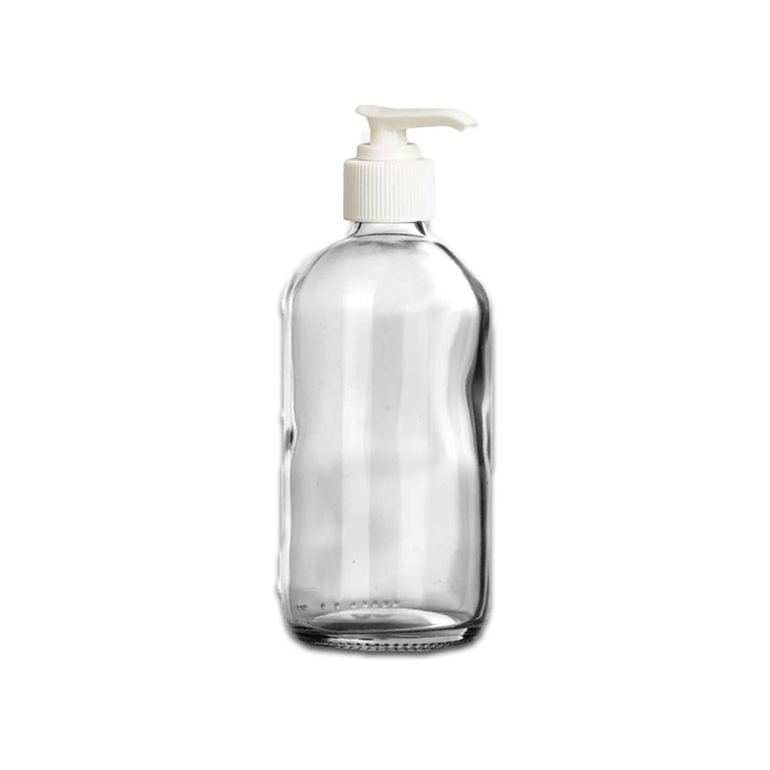 8 oz Clear Glass Bottle w/ White Pump Top Glass Lotion Bottle Your Oil Tools 