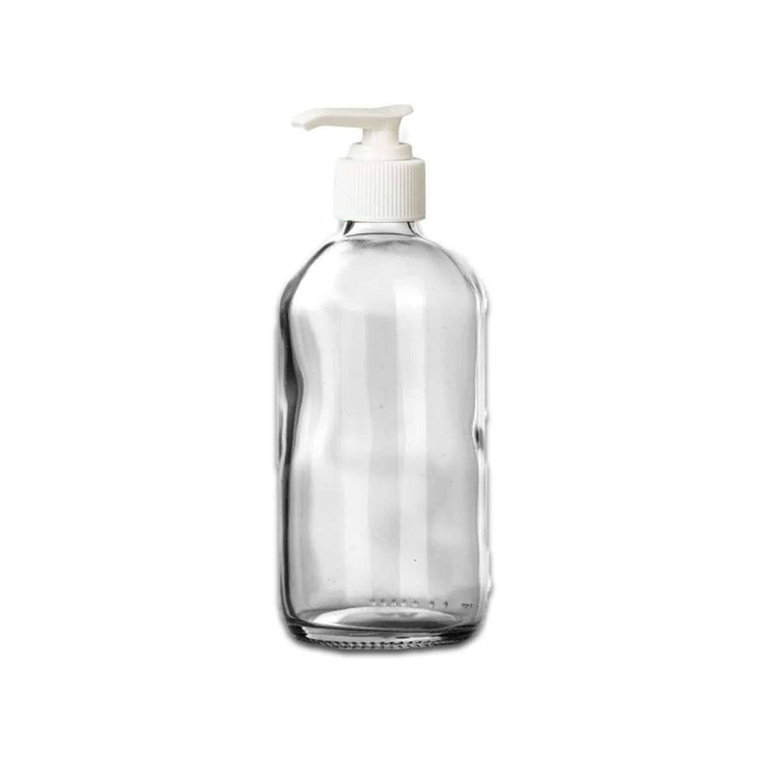 8 oz Clear Glass Bottle w/ White Pump Top Glass Lotion Bottle Your Oil Tools 
