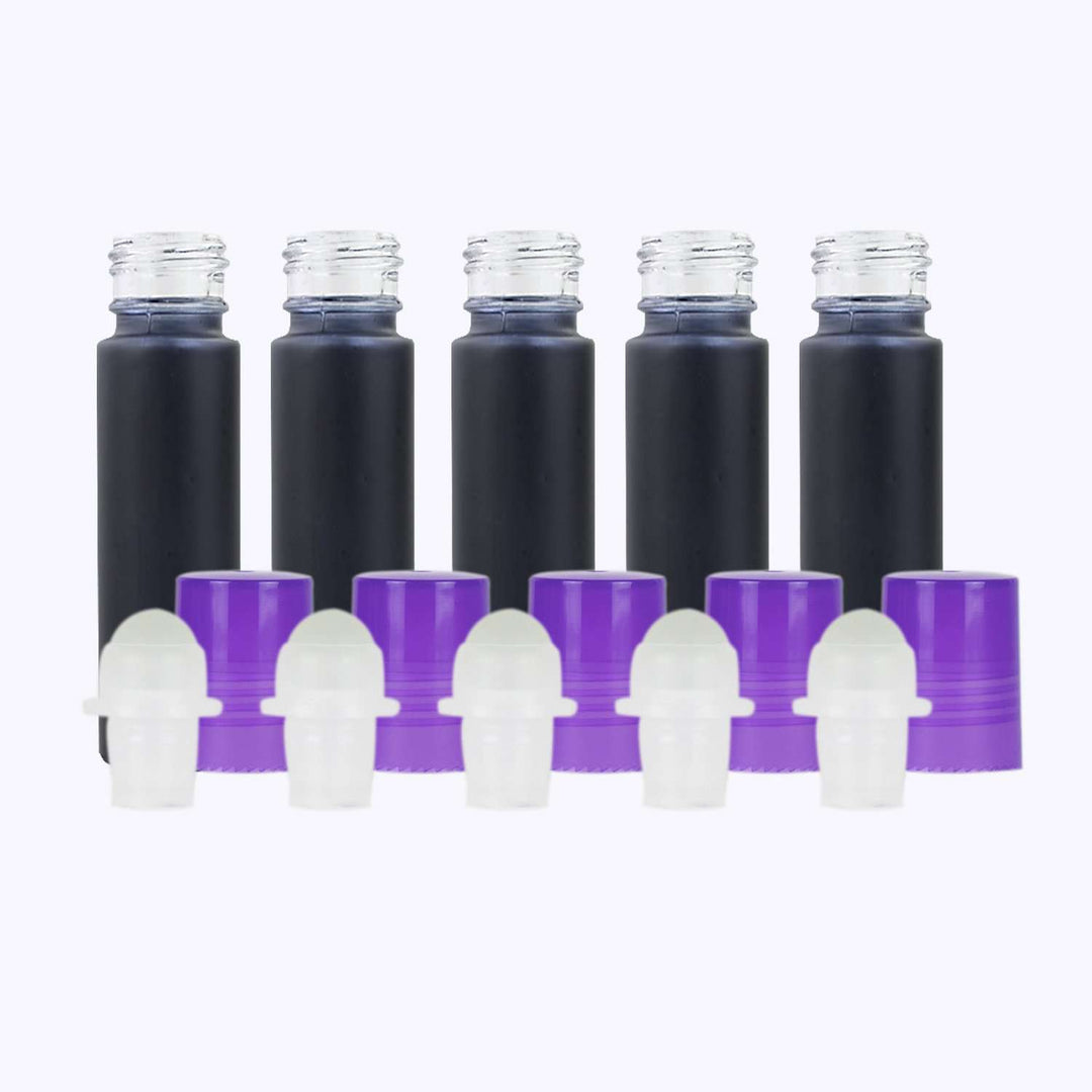 10 ml Black Frosted Glass Roller Bottle (Pack of 5) Glass Roller Bottles Your Oil Tools Purple Plastic 