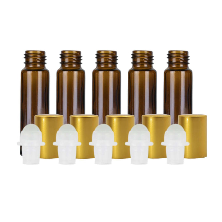10 ml Amber Glass Roller Bottles w/ Metal Caps (Pack of 5) Glass Roller Bottles Your Oil Tools Yellow Glass 