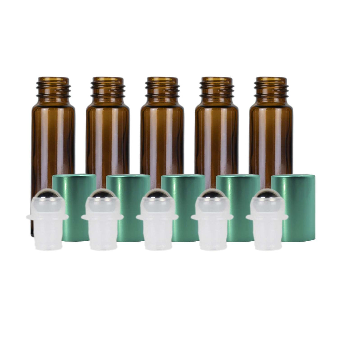 10 ml Amber Glass Roller Bottles w/ Metal Caps (Pack of 5) Glass Roller Bottles Your Oil Tools Green Stainless 
