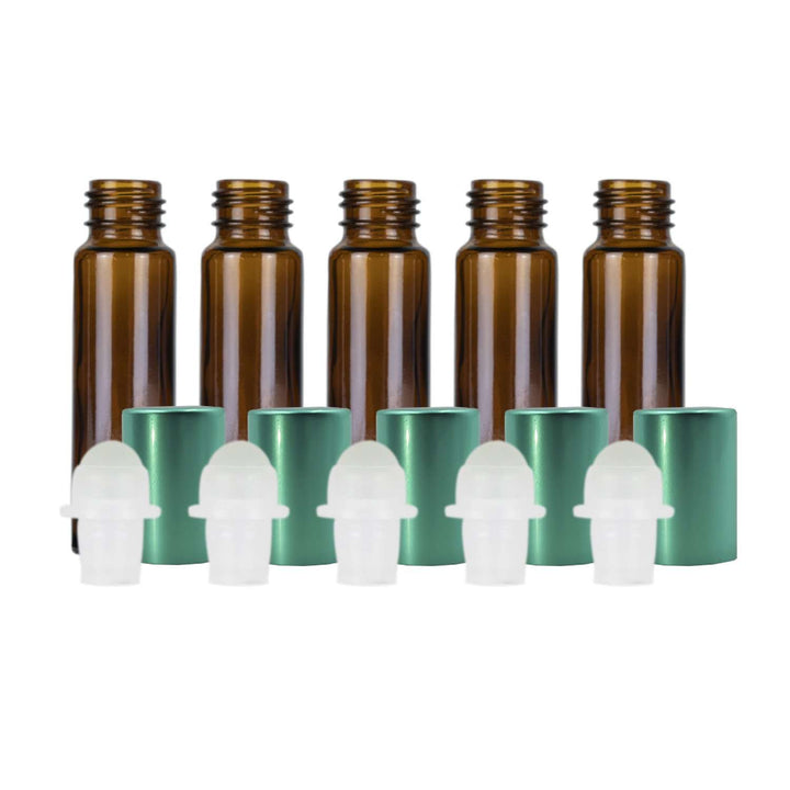 10 ml Amber Glass Roller Bottles w/ Metal Caps (Pack of 5) Glass Roller Bottles Your Oil Tools Green Glass 