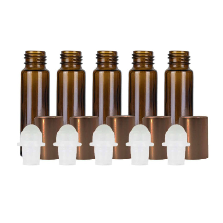 10 ml Amber Glass Roller Bottles w/ Metal Caps (Pack of 5) Glass Roller Bottles Your Oil Tools Bronze Glass 