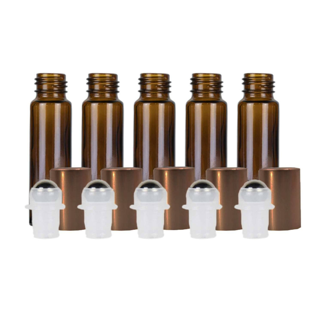 10 ml Amber Glass Roller Bottles w/ Metal Caps (Pack of 5) Glass Roller Bottles Your Oil Tools Bronze Stainless 