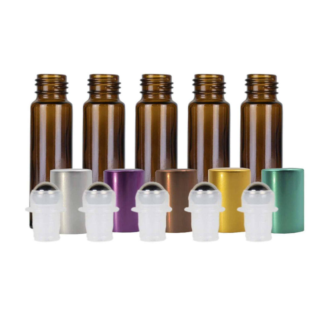 10 ml Amber Glass Roller Bottles w/ Metal Caps (Pack of 5) Glass Roller Bottles Your Oil Tools Copper Stainless 