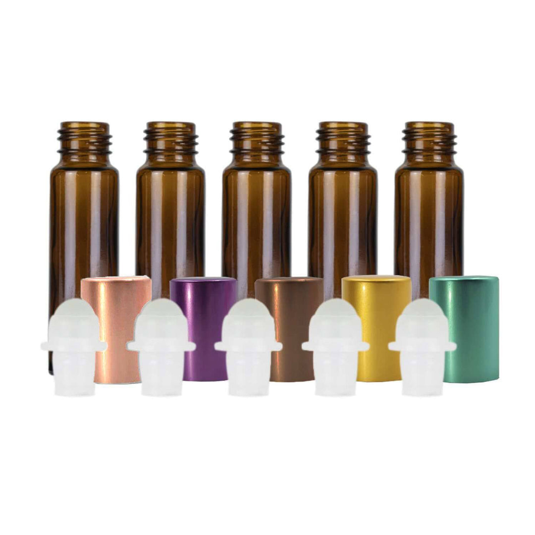 10 ml Amber Glass Roller Bottles w/ Metal Caps (Pack of 5) Glass Roller Bottles Your Oil Tools 