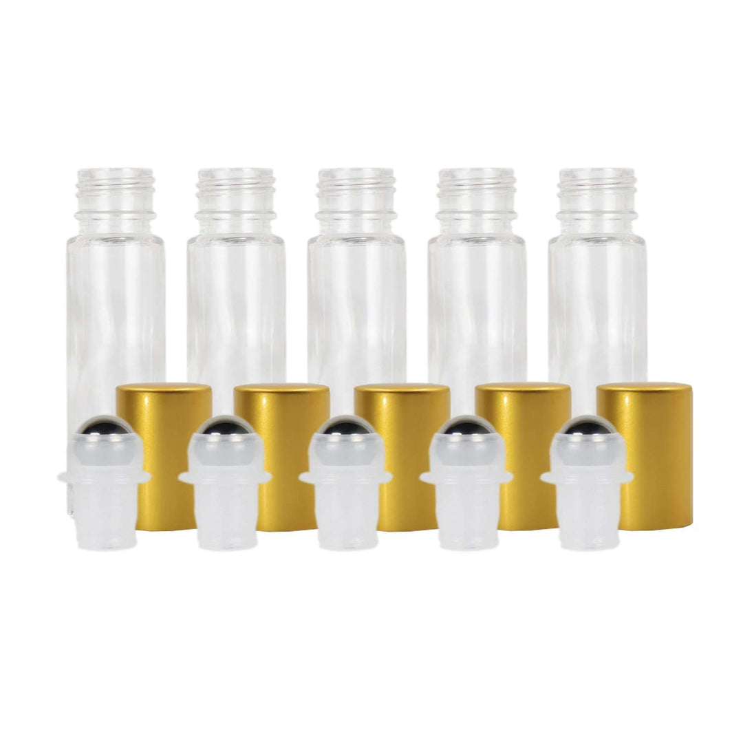 10 ml Clear Glass Roller Bottles w/ Metal Caps (Pack of 5) Glass Roller Bottles Your Oil Tools Yellow Stainless 